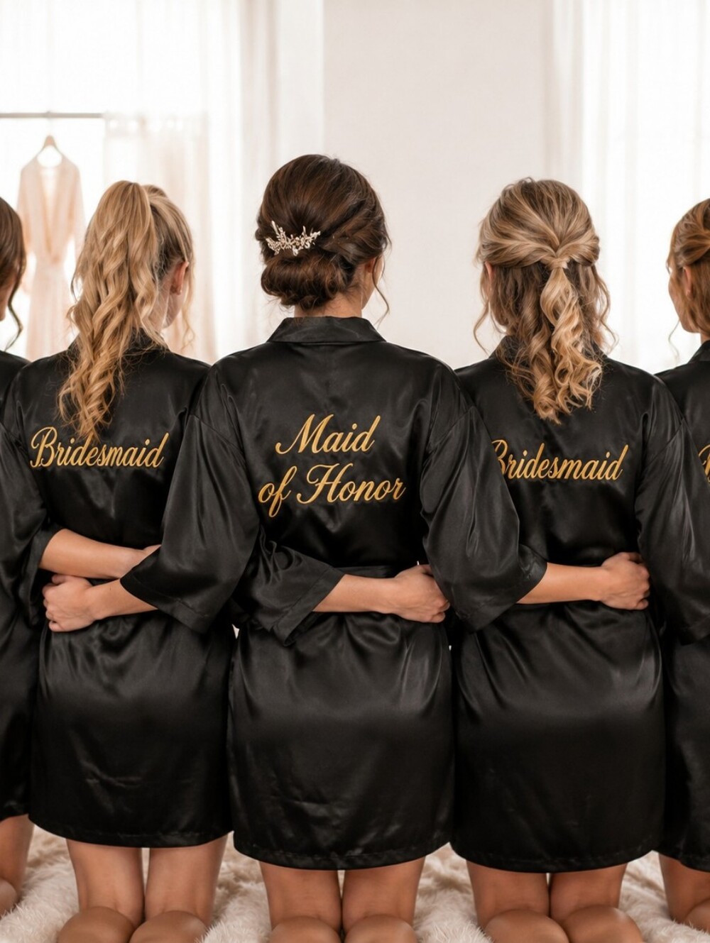 Set Of 5 , Black Satin Robes with Gold "Bridesmaid" and "Maid of Honor" Script - Picture 2 of 12